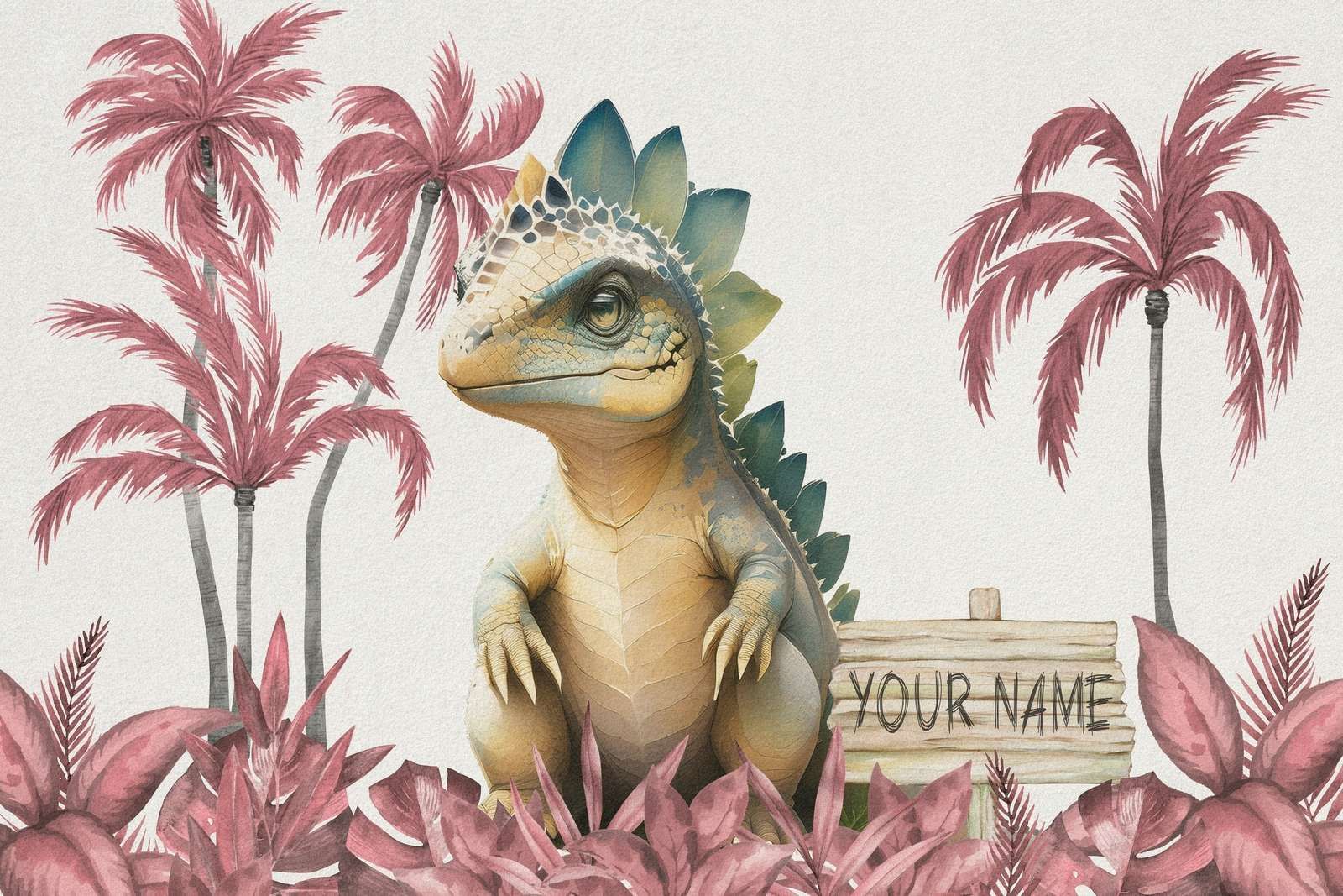 Młody stegozaur w różowej dżungli