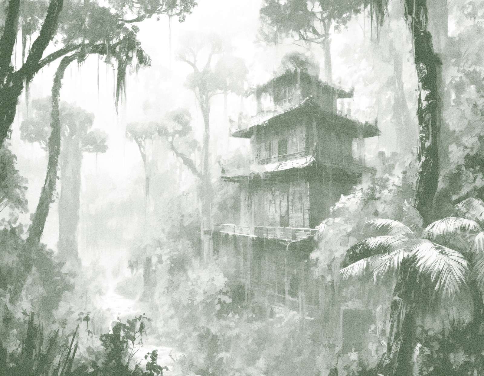 Ukryta Chatka w Mglistym Lesie, zielony