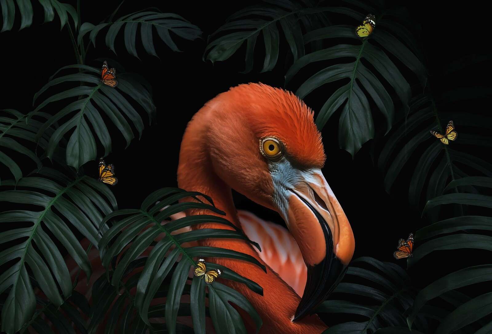 Flamingo w tropikalnej zieleni