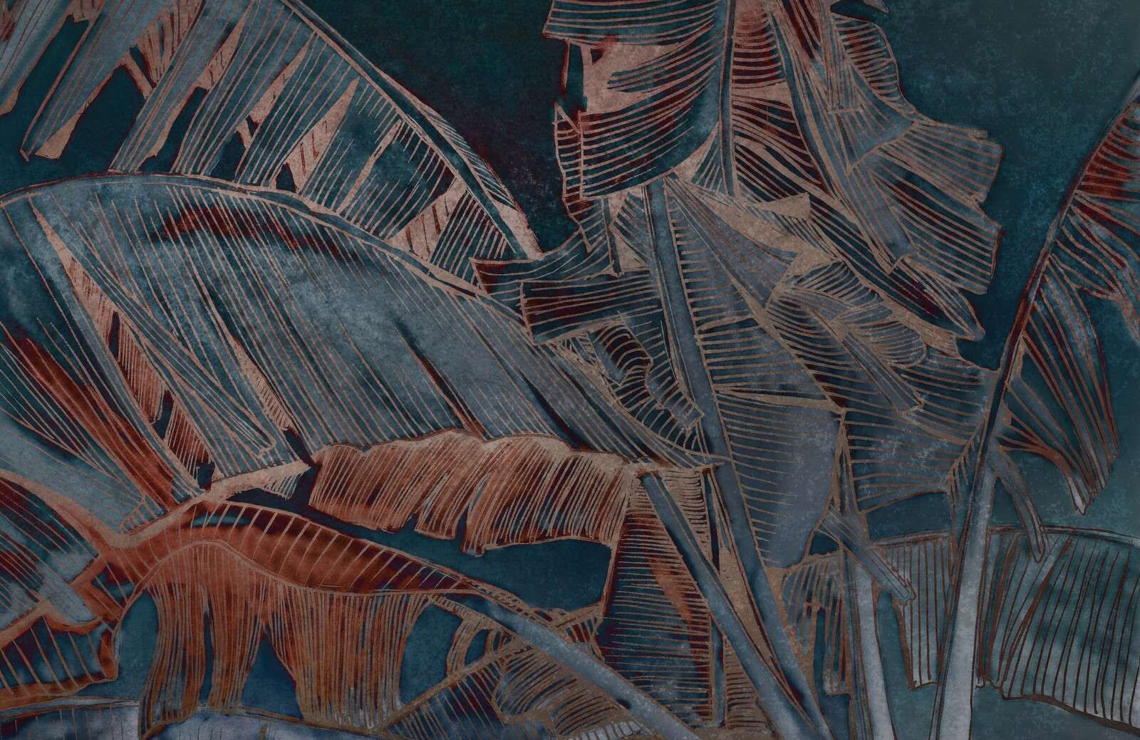 Liść bananowca w miedzianym błękicie kontrastuje