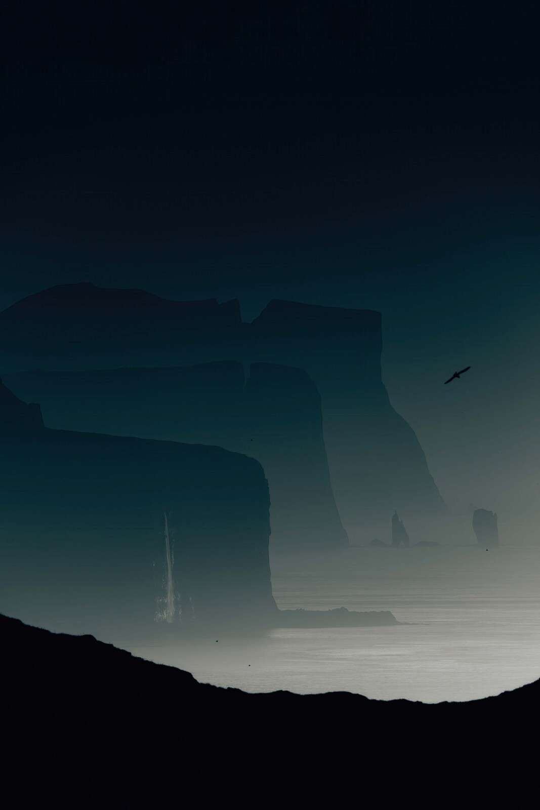 Klify we mglistym niebieskoszarym świetle poranka