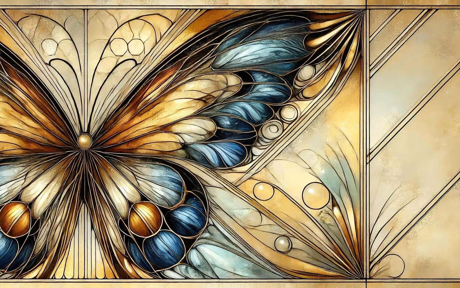 Motyl w złocie i granatowym kolorze.