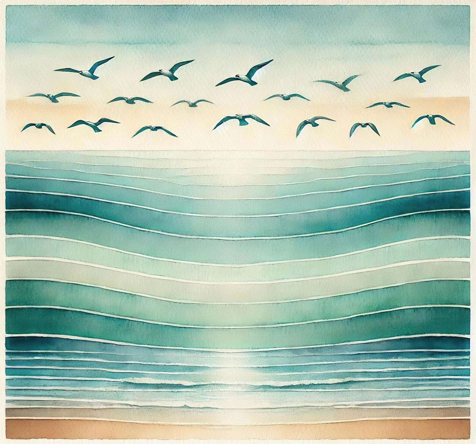 Letnie morze z latającymi mewami.