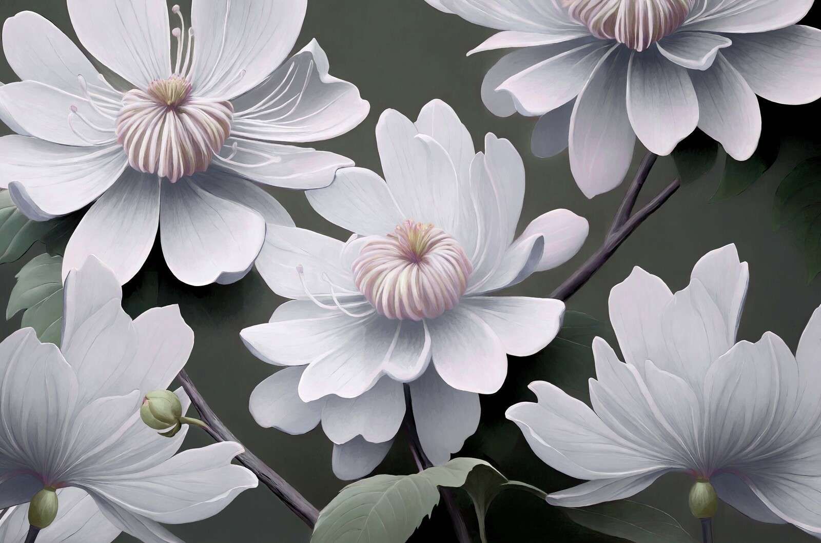 Jasne kwiaty powojnika w kolorze białym.