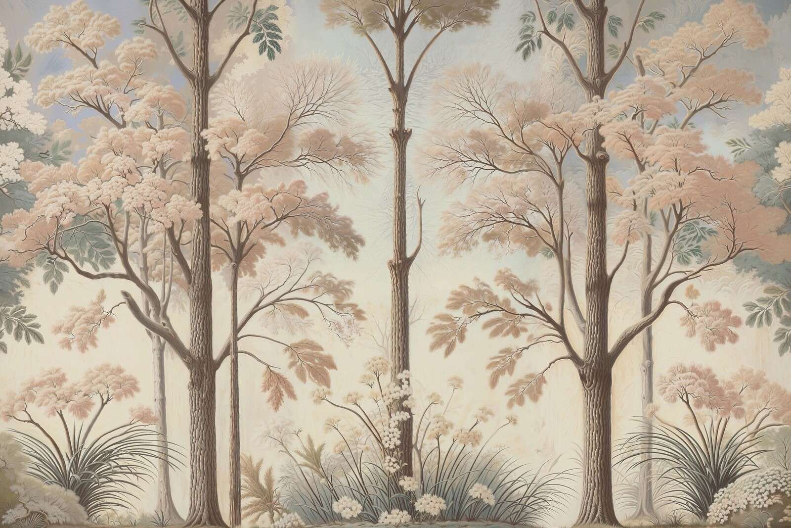 Łagodny krajobraz leśny z kwitnącymi drzewami