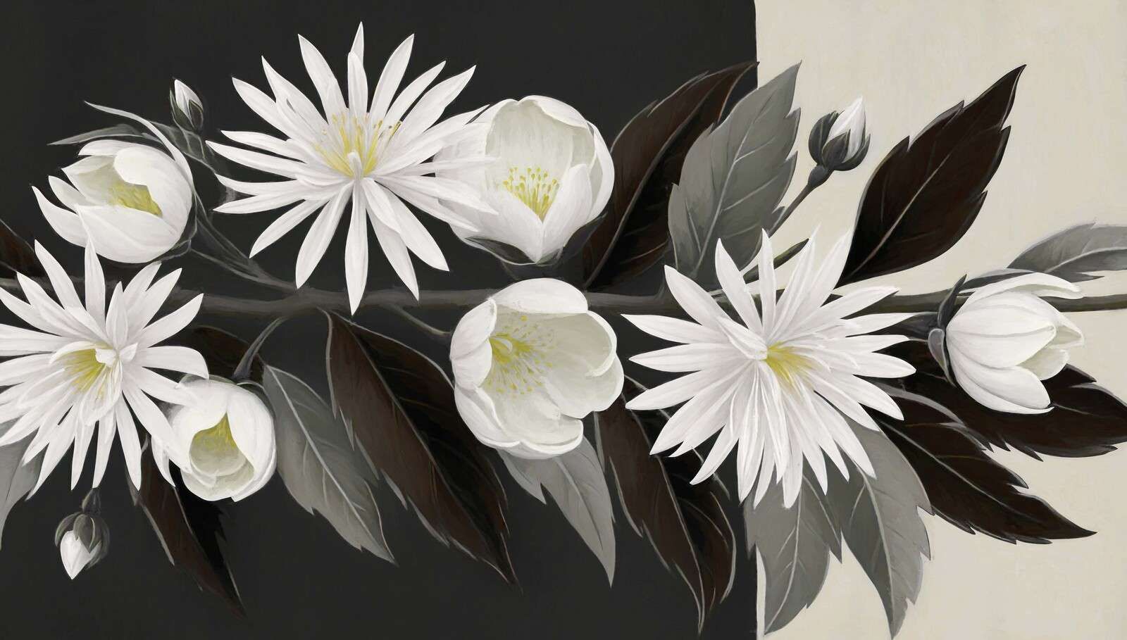 Biały powojnik na ciemnej gałęzi