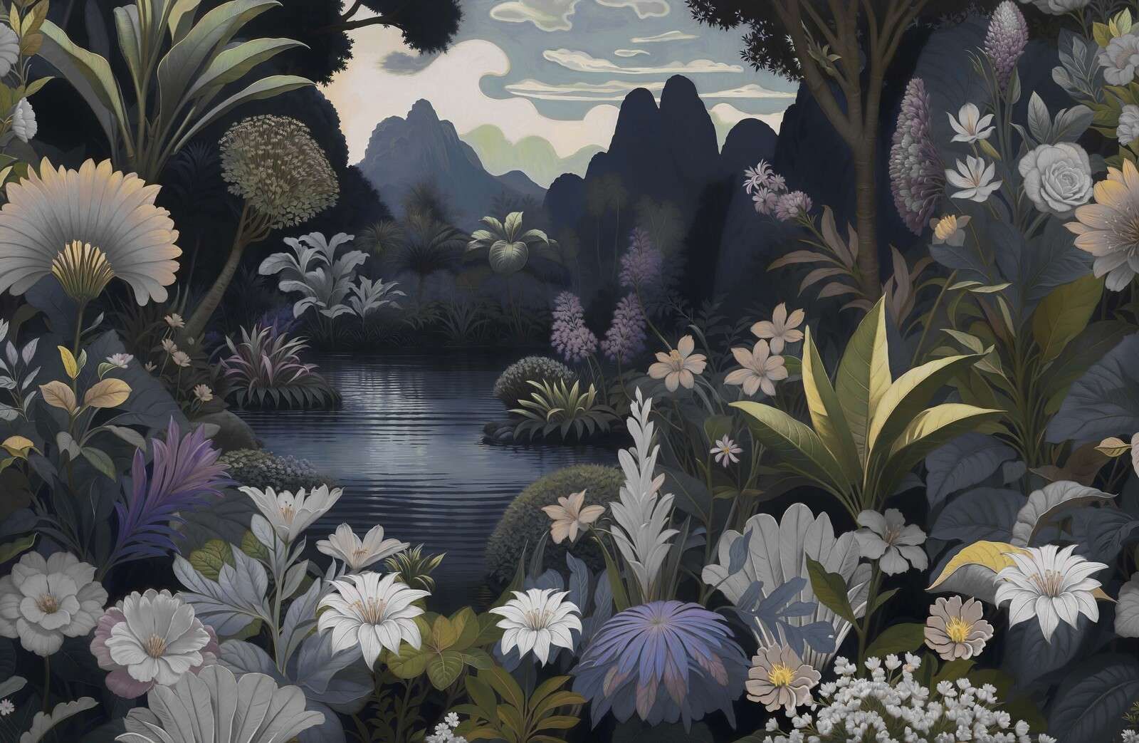 Mistyczny krajobraz górski z jeziorem kwiatów