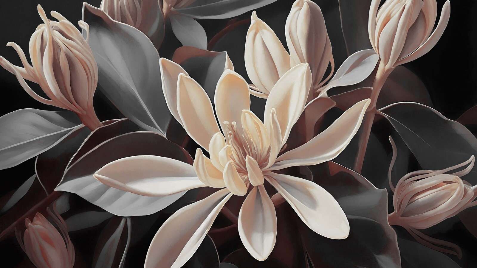 Kremowe kwiaty magnolii na ciemnym tle