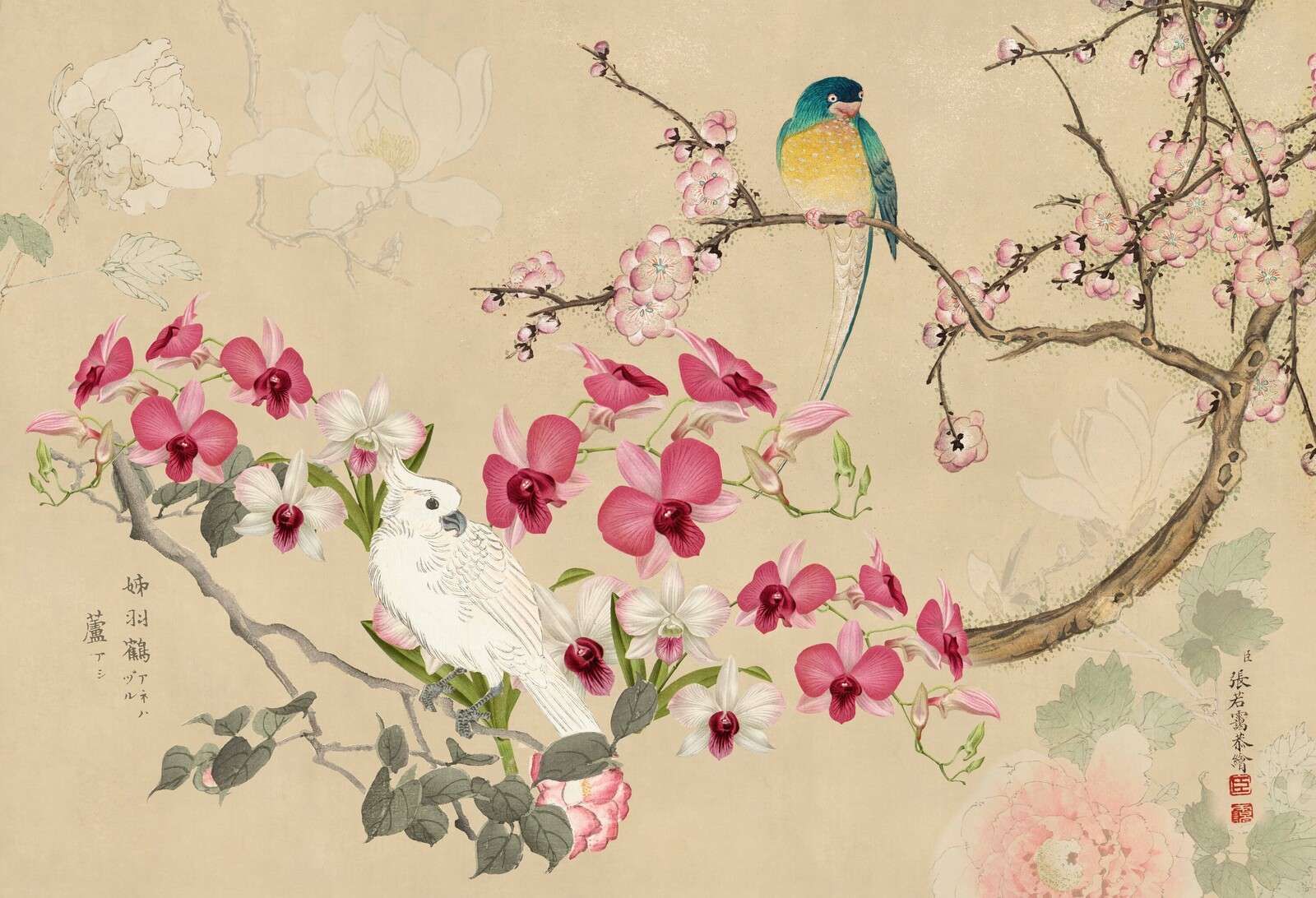 kakadu w kwiatowy wzór chinoiserie